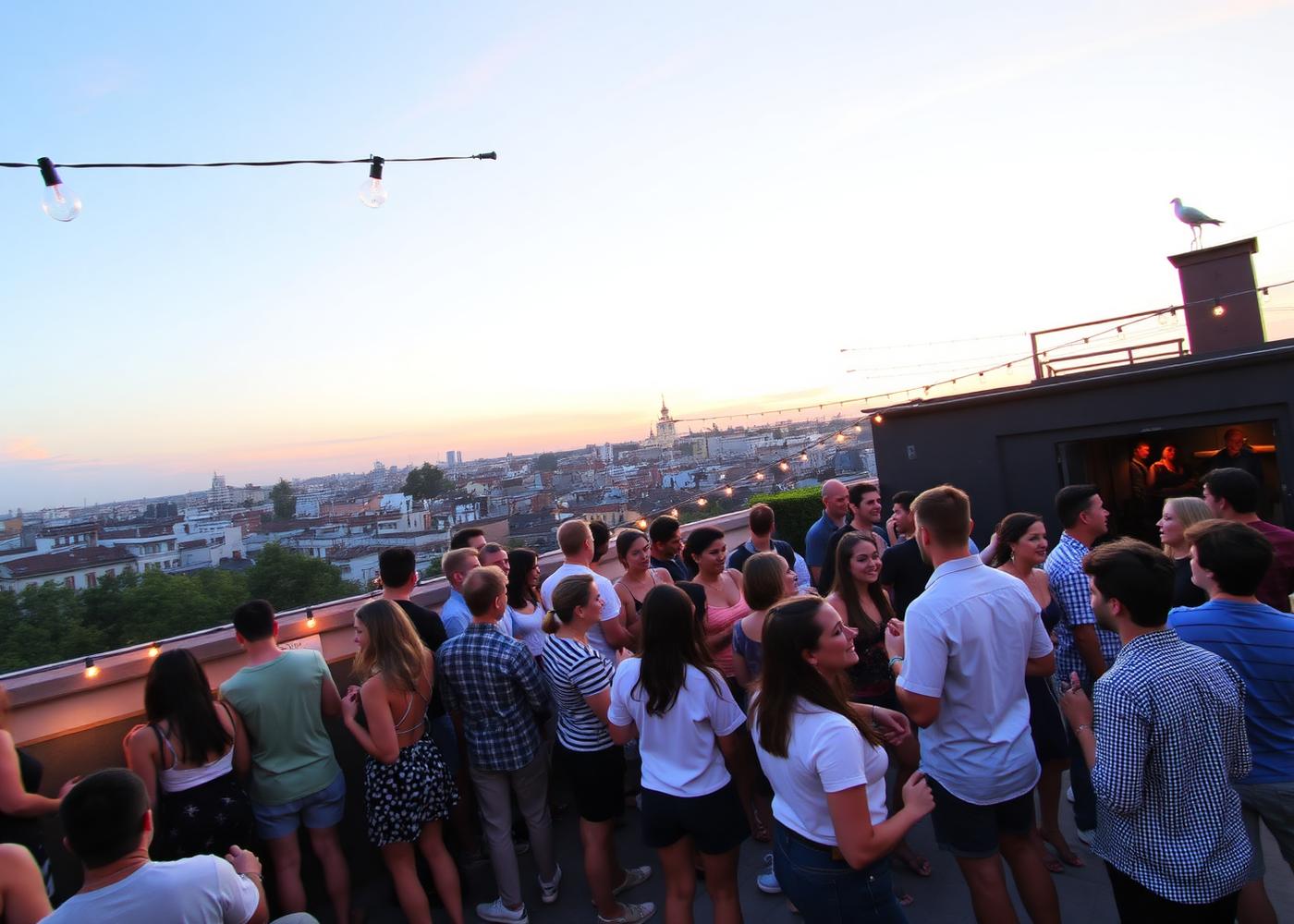 Fiesta de estudiantes en la azotea al atardecer
