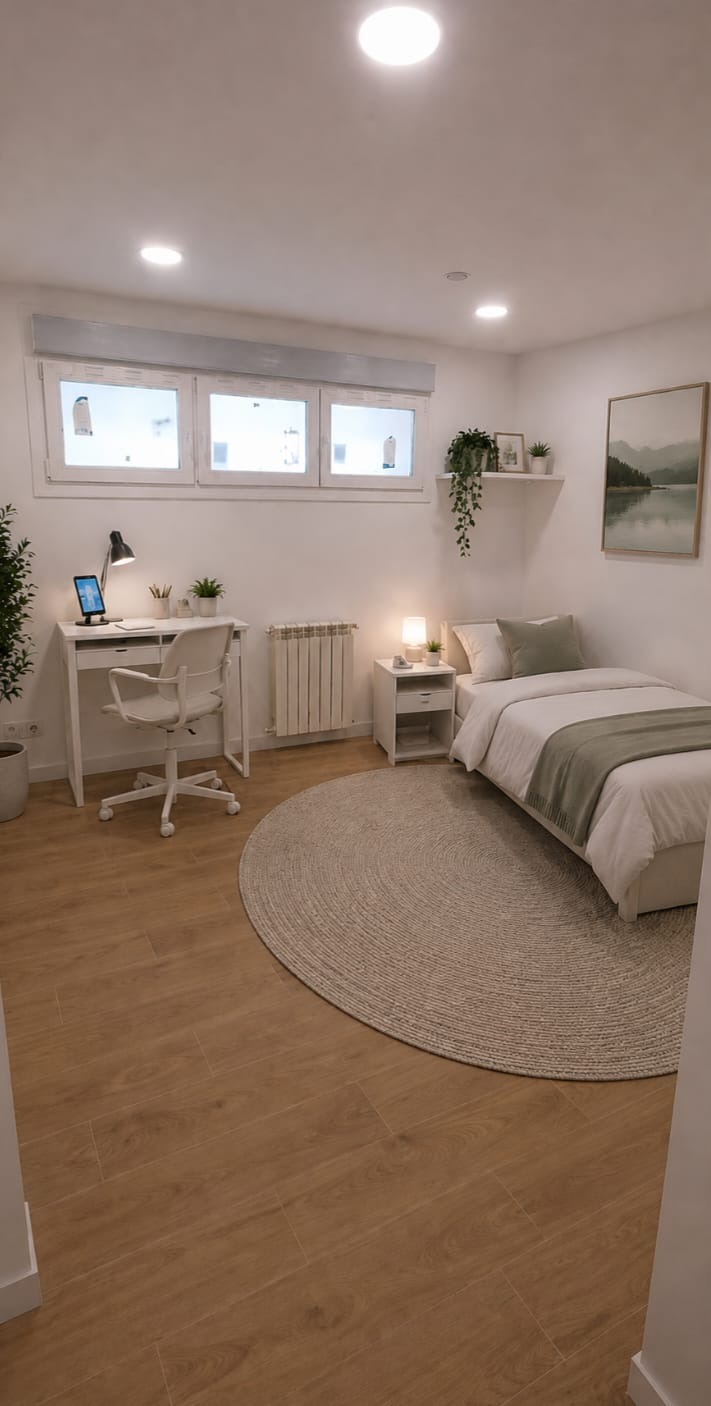 Habitación individual real de Residencia Argüelles con cama individual, escritorio y luz natural